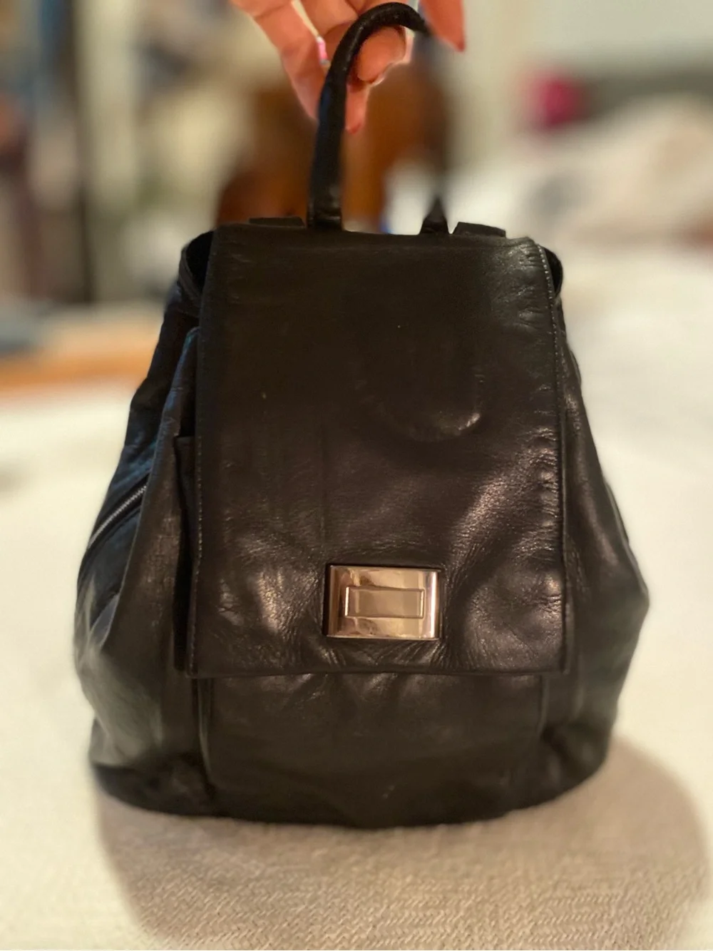 Perlina Black Leather Backpack with Silver Clasp